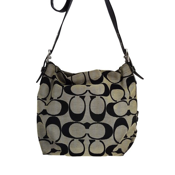 Coach C Monogram Signature Duffle Black Beige Canvas Leather Trim Shoulder Purse - Picture 2 of 13